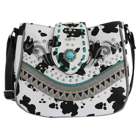 Turquoise Stone Concho Cow Print Studded Crossbody Bag
