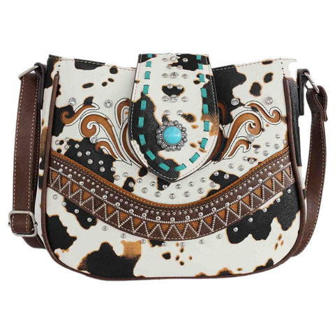Turquoise Stone Concho Cow Print Studded Crossbody Bag