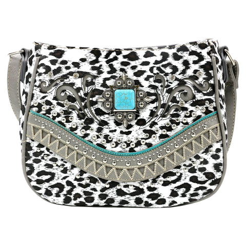 Turquoise Stone Concho Leopard Print Studded Crossbody Bag