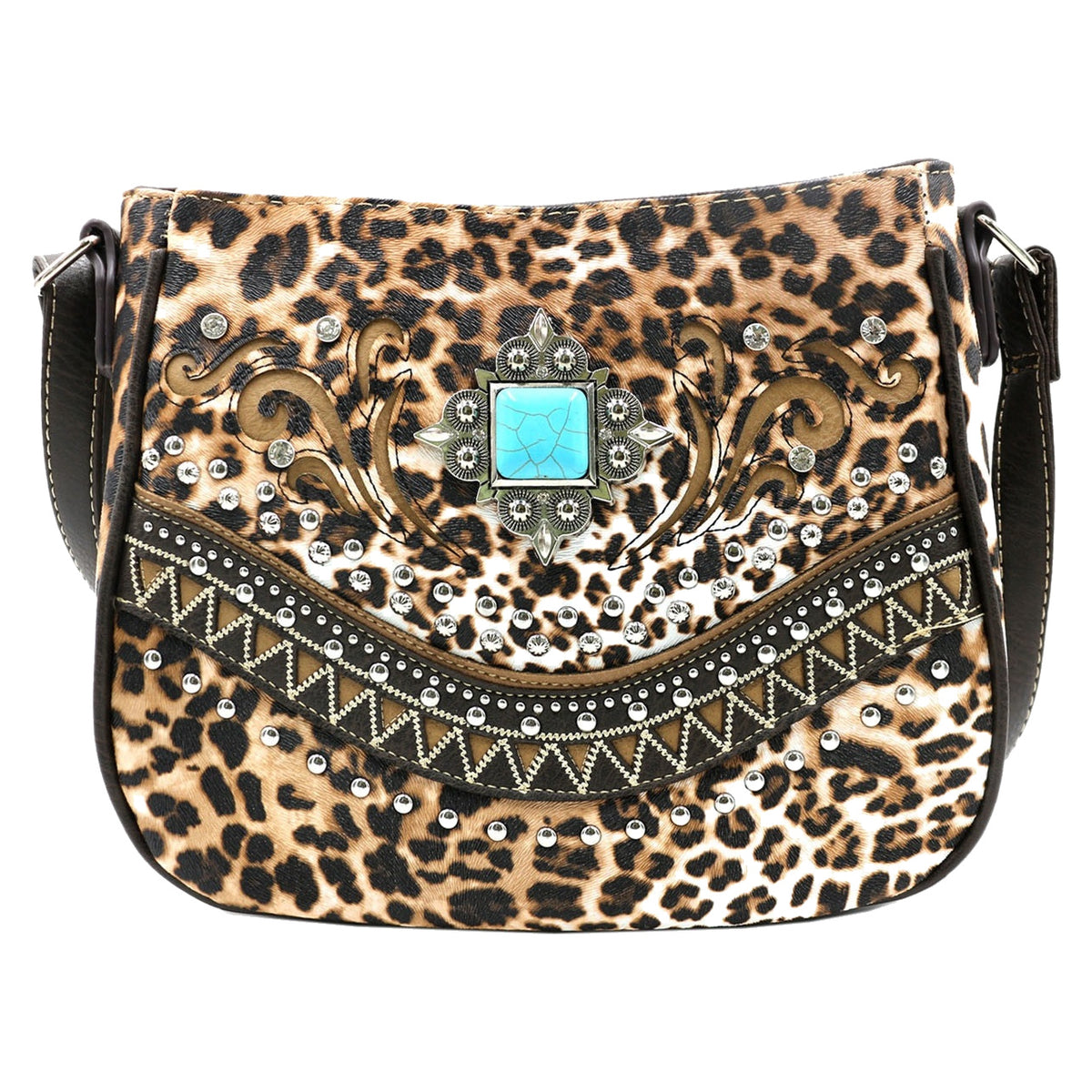 Turquoise Stone Concho Leopard Print Studded Crossbody Bag