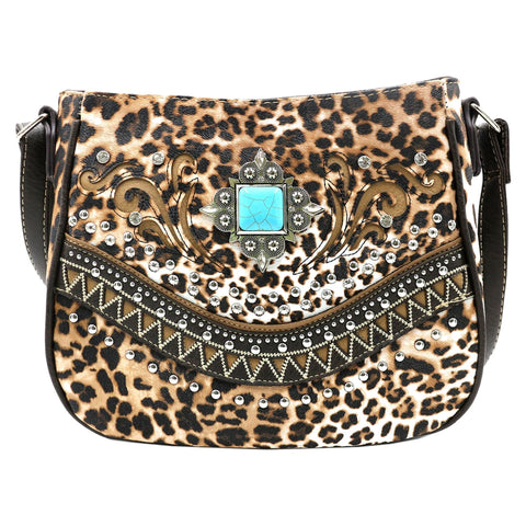 Turquoise Stone Concho Leopard Print Studded Crossbody Bag