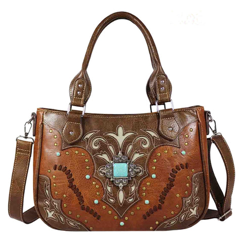 Tooled Turquoise Stone Concho Shoulder Crossbody Bag