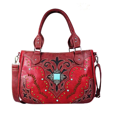 Tooled Turquoise Stone Concho Shoulder Crossbody Bag