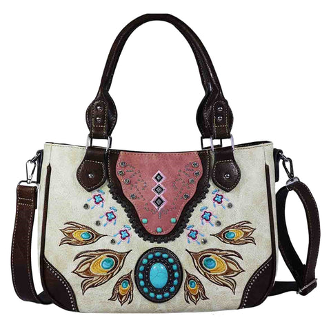 Embroidered Peacock Feather Turquoise Stone Shoulder Crossbody Bag