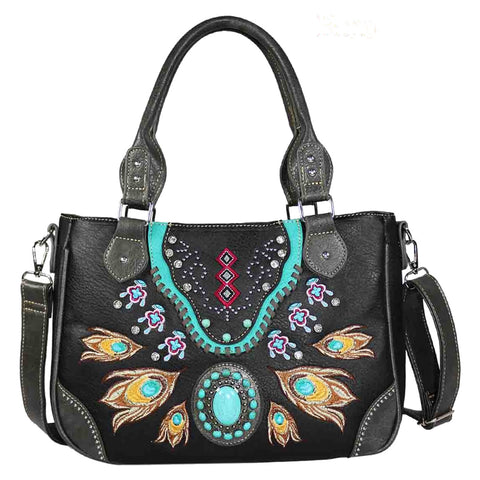 Embroidered Peacock Feather Turquoise Stone Shoulder Crossbody Bag