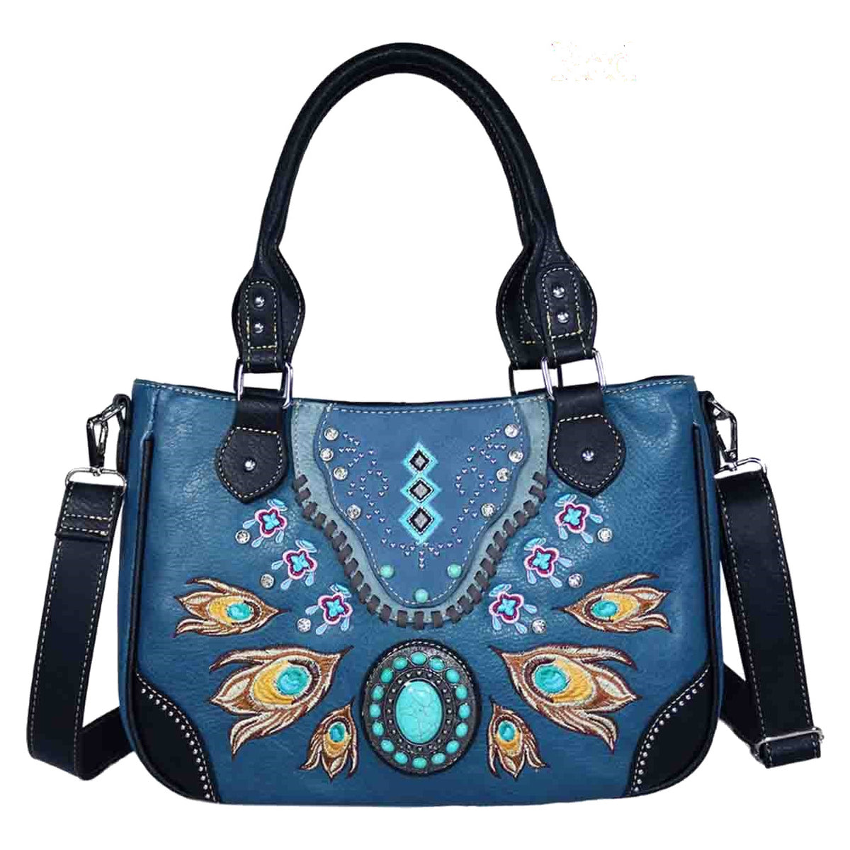 Embroidered Peacock Feather Turquoise Stone Shoulder Crossbody Bag