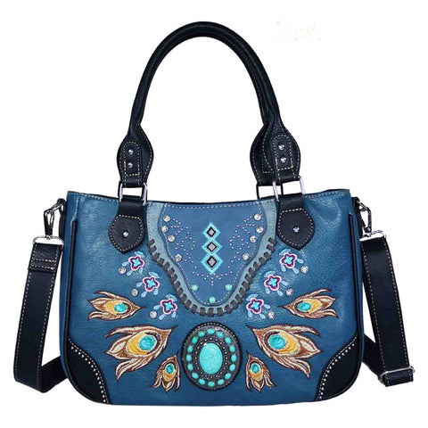 Embroidered Peacock Feather Turquoise Stone Shoulder Crossbody Bag