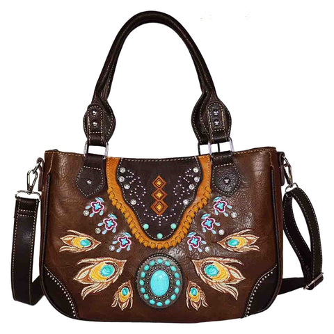 Embroidered Peacock Feather Turquoise Stone Shoulder Crossbody Bag