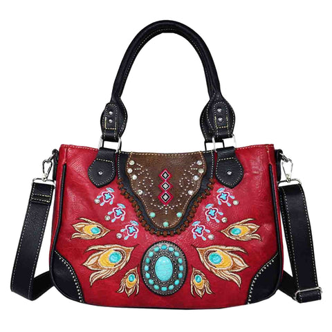 Embroidered Peacock Feather Turquoise Stone Shoulder Crossbody Bag