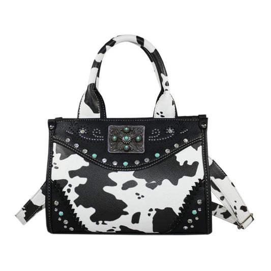 Cow Print Square Concho Crossbody Tote Bag
