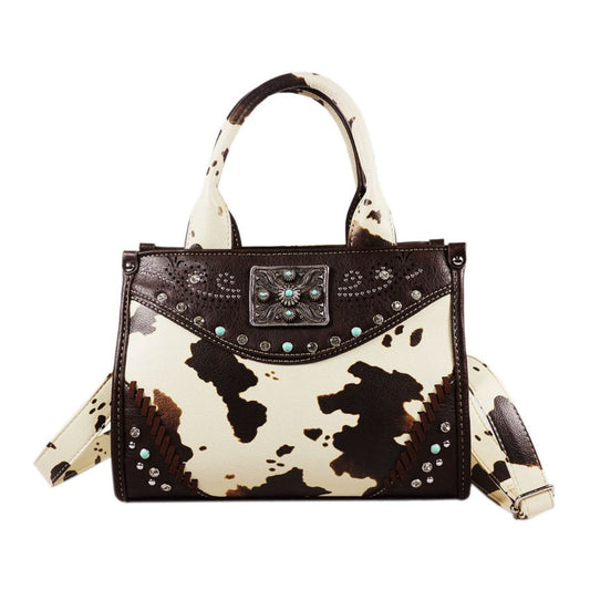 Cow Print Square Concho Crossbody Tote Bag
