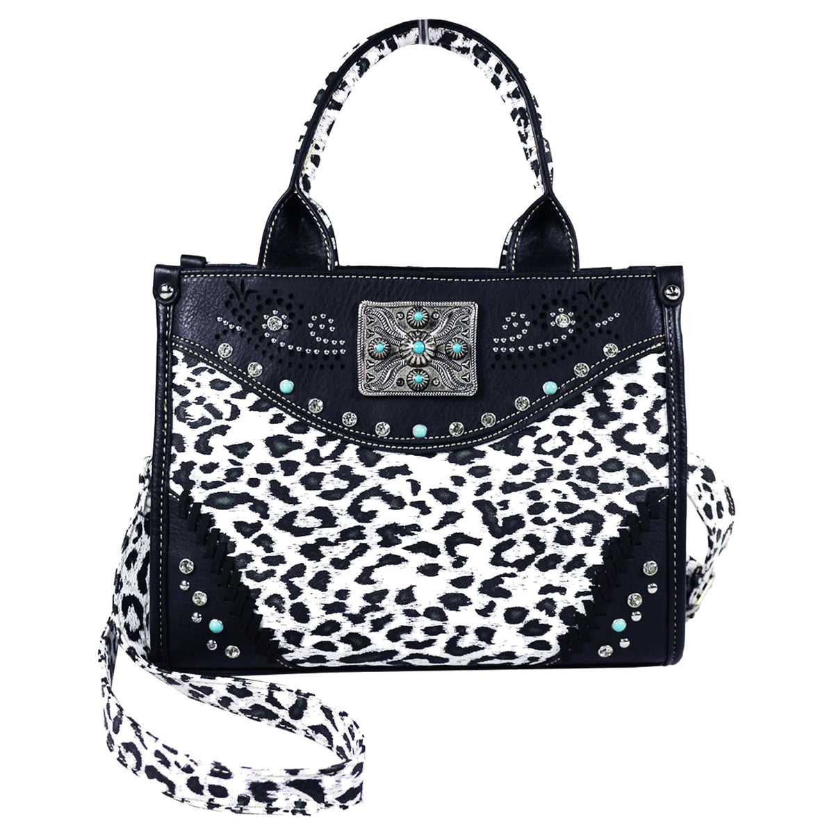 Leopard Print Square Concho Crossbody Tote Bag