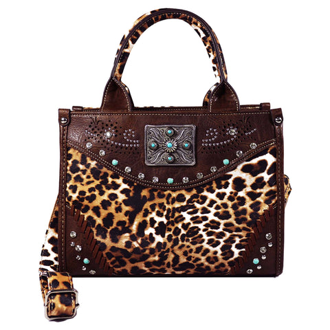 Leopard Print Square Concho Crossbody Tote Bag