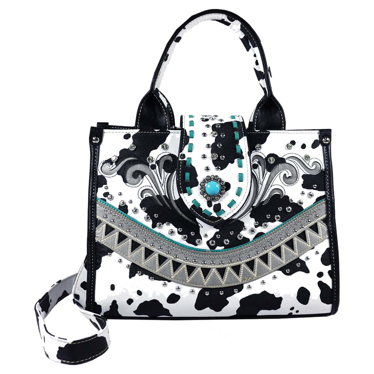 Cow Print Turquoise Stone Concho Crossbody Tote Bag