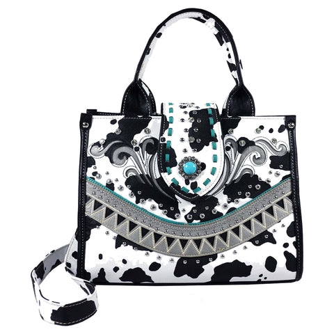 Cow Print Turquoise Stone Concho Crossbody Tote Bag