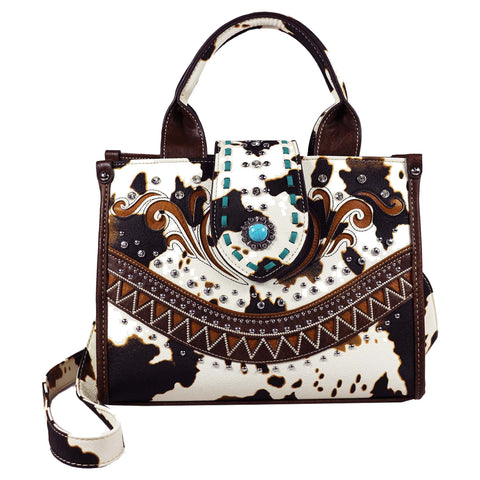 Cow Print Turquoise Stone Concho Crossbody Tote Bag
