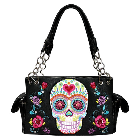 Western Sugar Skull Floral Embroidery Shoulder Bag