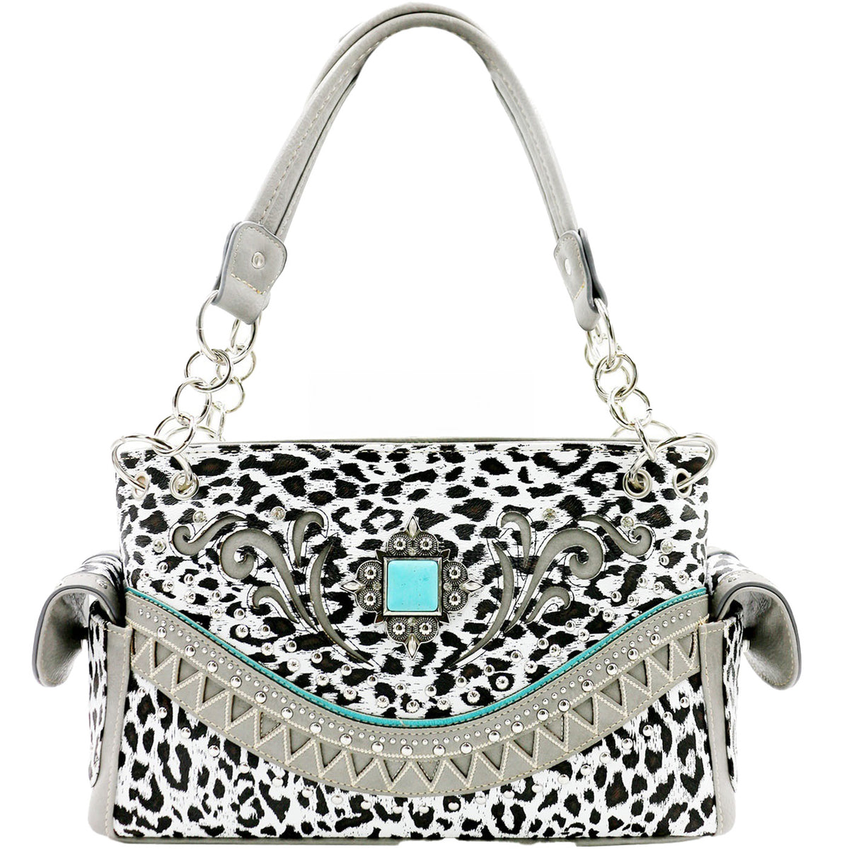 Turquoise Stone Cow Print Studded Shoulder Bag