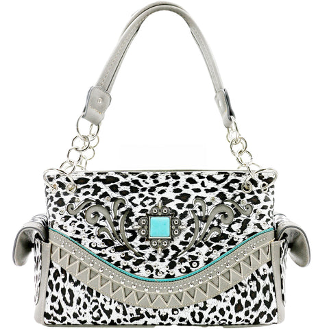 Turquoise Stone Cow Print Studded Shoulder Bag