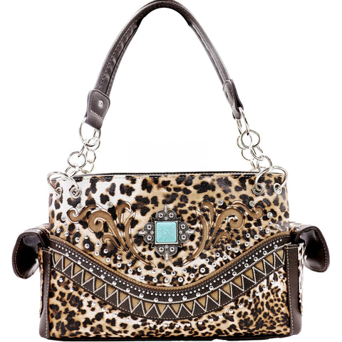 Turquoise Stone Cow Print Studded Shoulder Bag