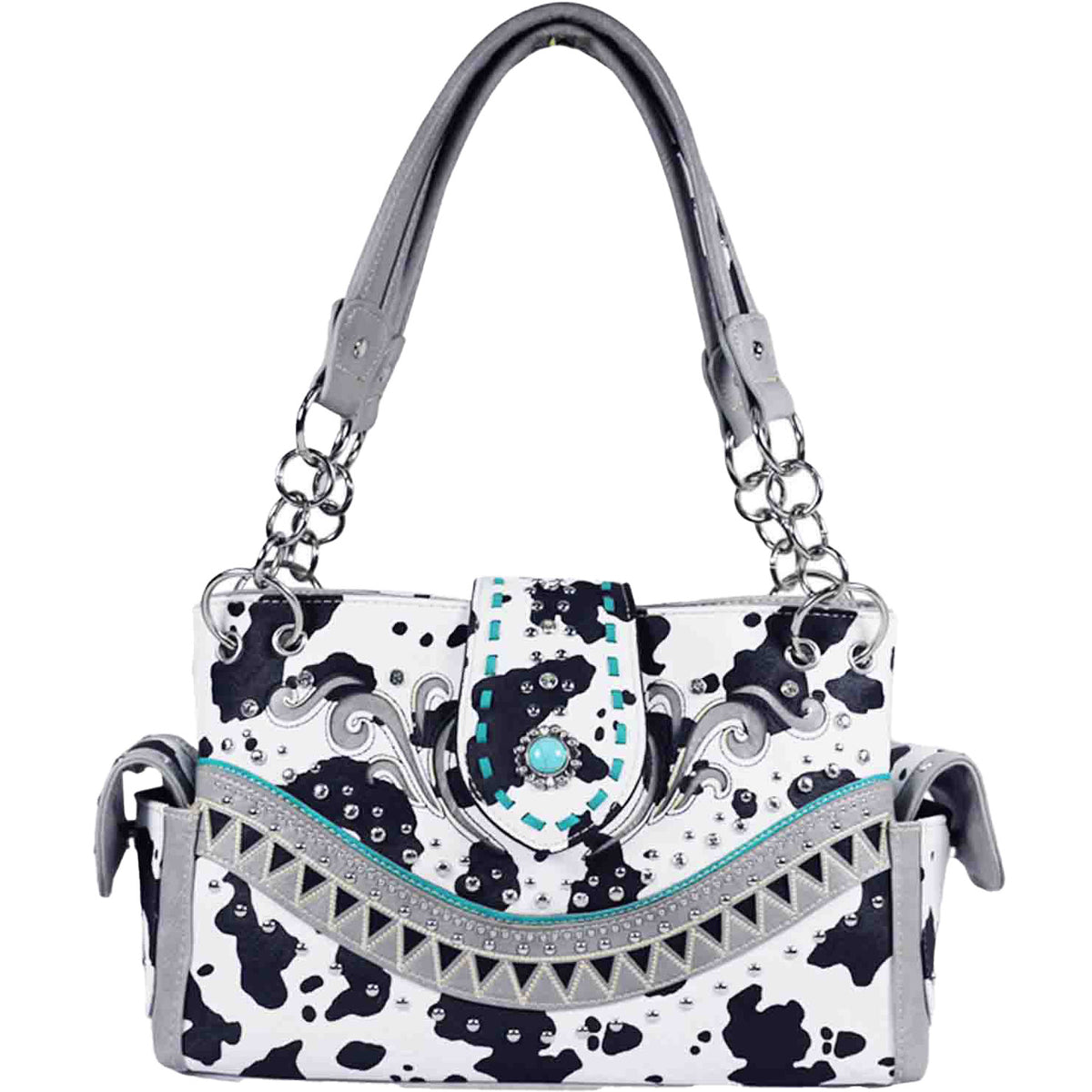 Turquoise Stone Buckle Cow Print Studded Shoulder Bag