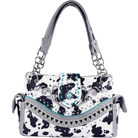 Turquoise Stone Buckle Cow Print Studded Shoulder Bag
