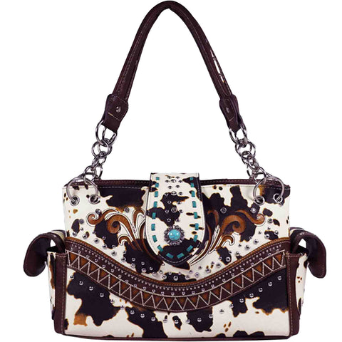 Turquoise Stone Buckle Cow Print Studded Shoulder Bag