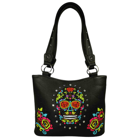 Western Sugar Skull Embroidery Tote Shoulder Bag