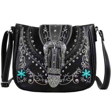 Western Buckle Floral Studded Shoulder Bag