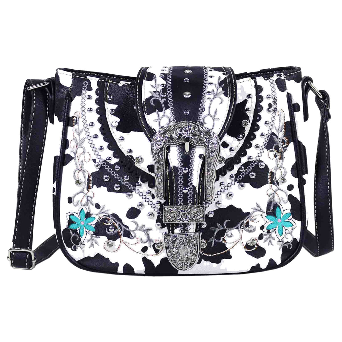 Crystal Buckle Cow Print Embroidered Crossbody Bag
