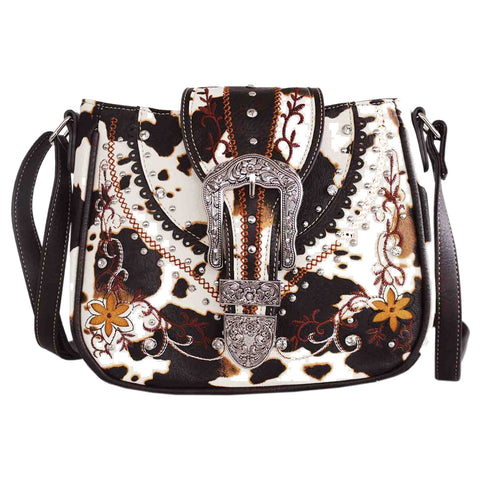 Crystal Buckle Cow Print Embroidered Crossbody Bag