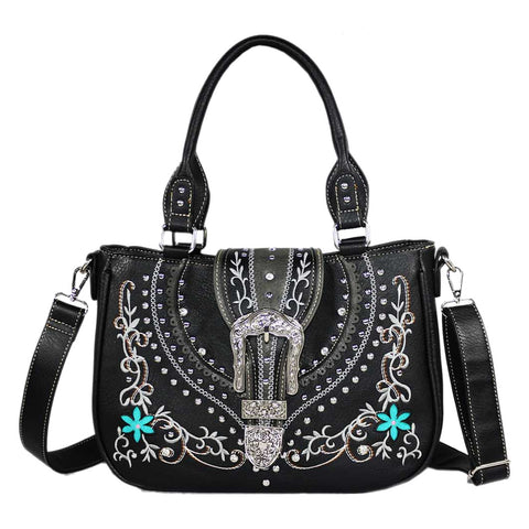 Rhinestone Buckle Floral Studded Shoulder Crossbody Bag