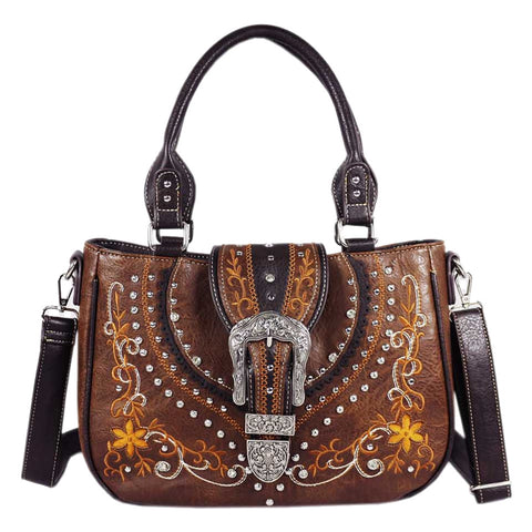 Rhinestone Buckle Floral Studded Shoulder Crossbody Bag