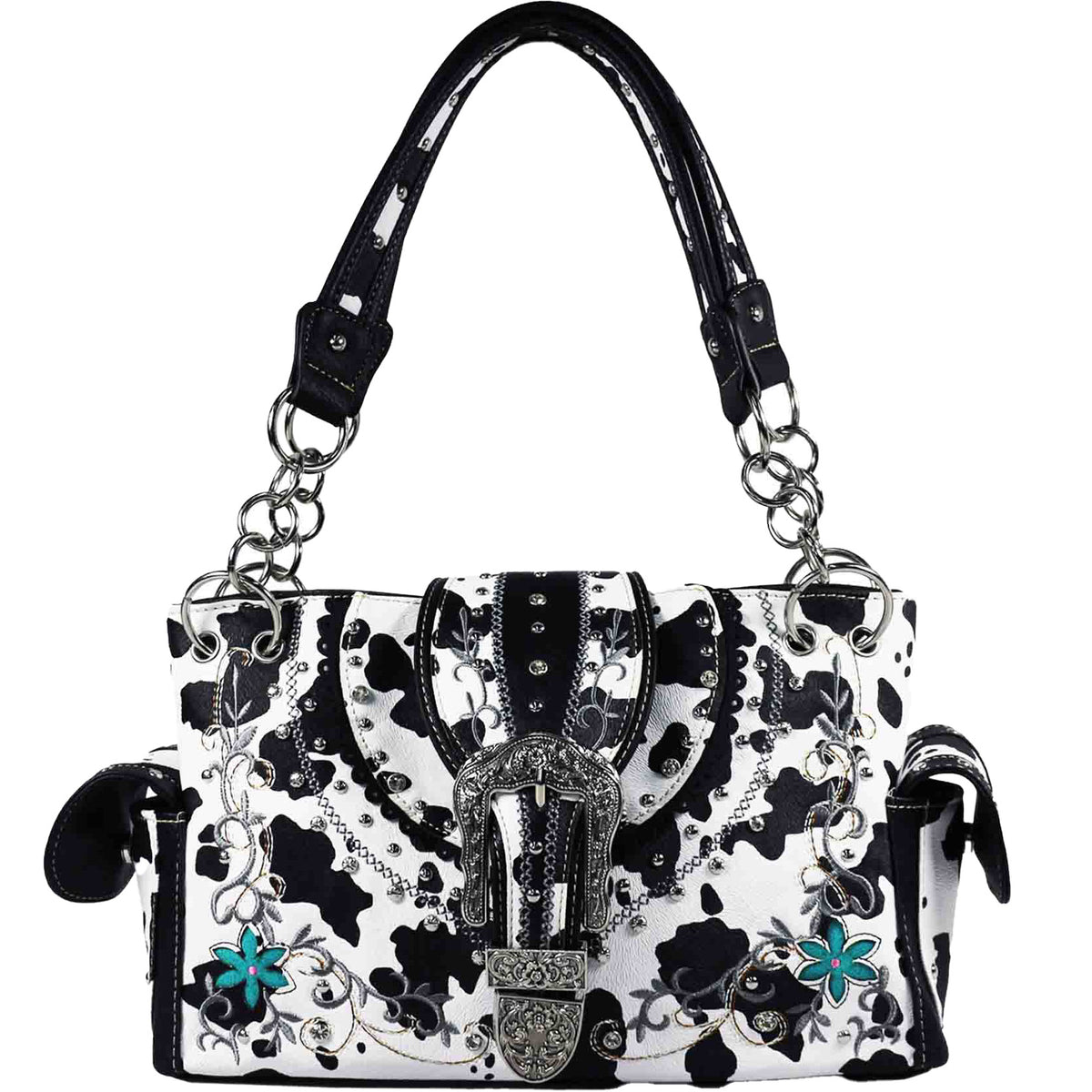 Western Buckle Cow Print Studded Shoulder Bag