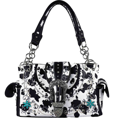 Western Buckle Cow Print Studded Shoulder Bag
