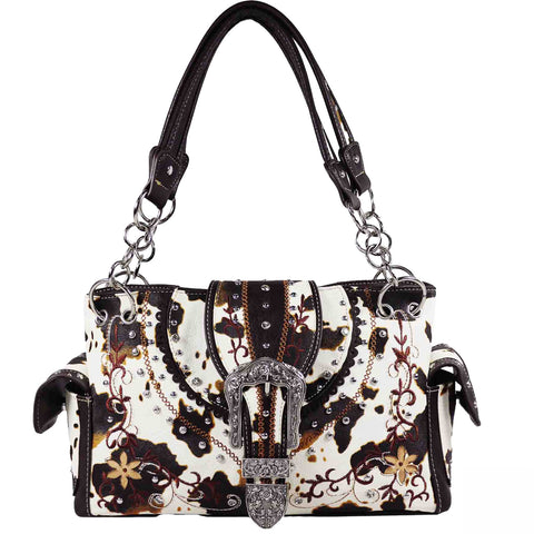 Western Buckle Cow Print Studded Shoulder Bag