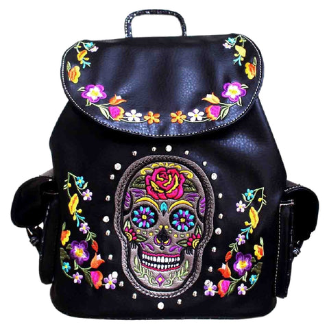Sugar Skull Floral Embroidery Western Cowgirl Backpack