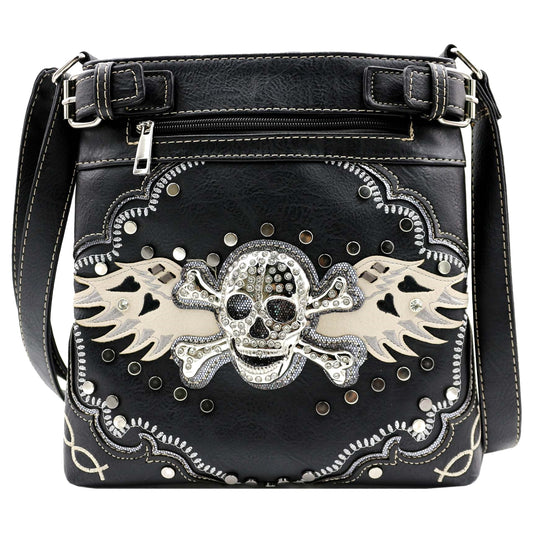 Rhinestoned Skull Crossbones Wing Crossbody Bag