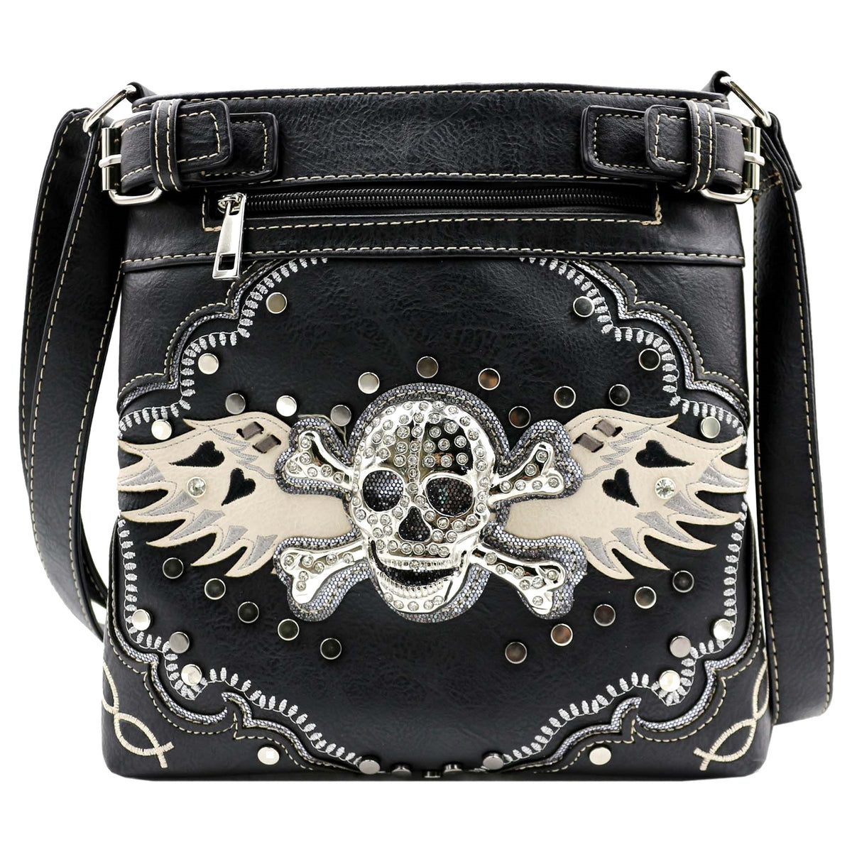 Rhinestoned Skull Crossbones Wing Crossbody Bag
