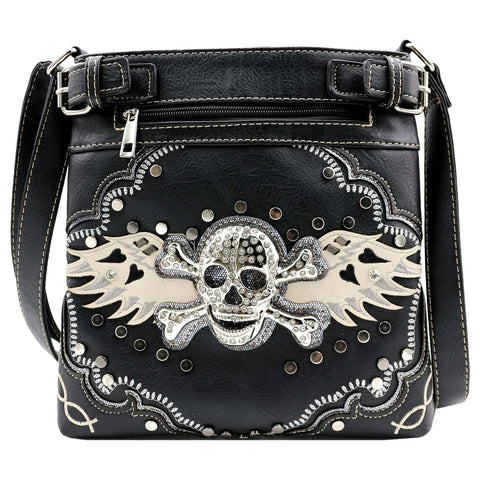 Rhinestoned Skull Crossbones Wing Crossbody Bag
