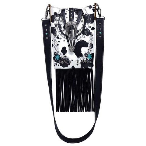 Cow Print Buckle Fringe Crossbody Bag