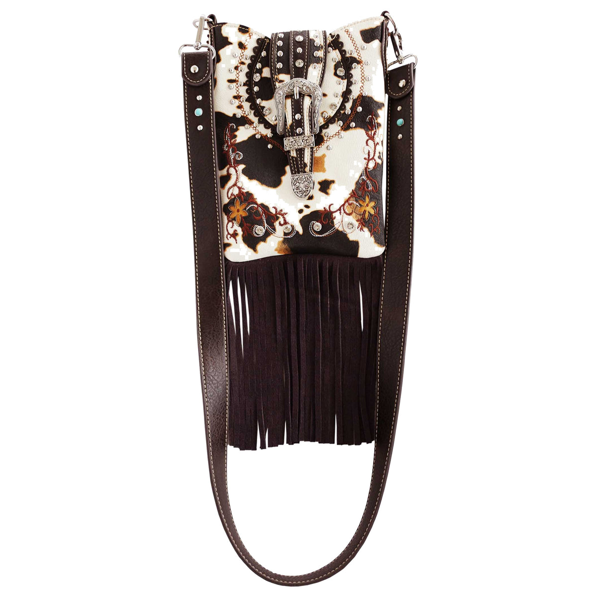 Cow Print Buckle Fringe Crossbody Bag