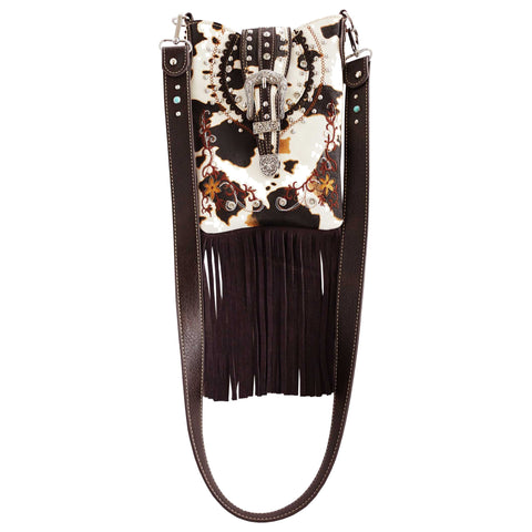 Cow Print Buckle Fringe Crossbody Bag