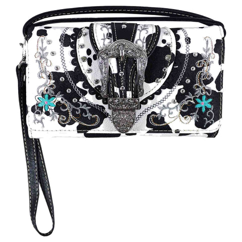 Cow Print Buckle Trifold Clutch Crossbody Wallet