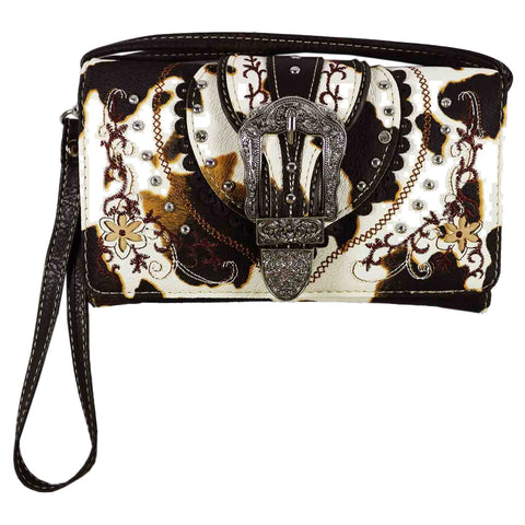 Cow Print Buckle Trifold Clutch Crossbody Wallet