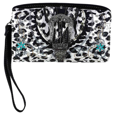 Leopard Print Buckle Trifold Clutch Crossbody Wallet