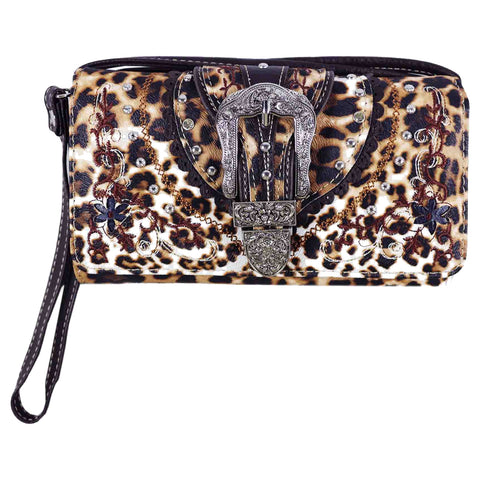 Leopard Print Buckle Trifold Clutch Crossbody Wallet