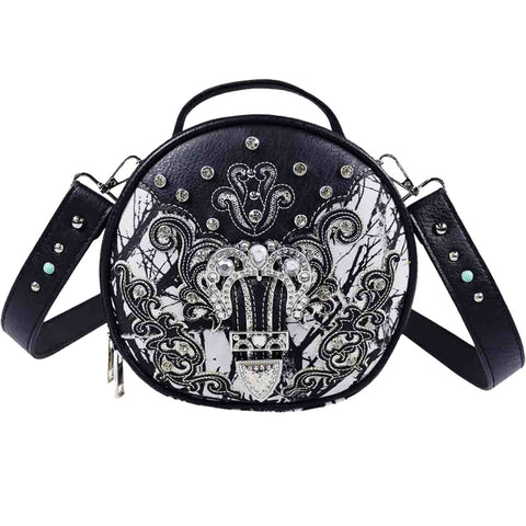 Crystal Buckle Camouflage Studded Round Crossbody Bag