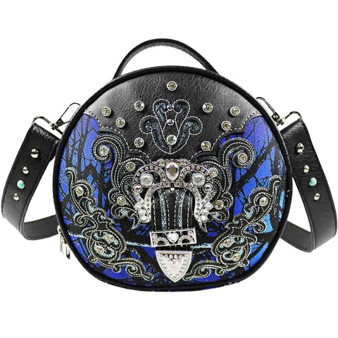 Crystal Buckle Camouflage Studded Round Crossbody Bag
