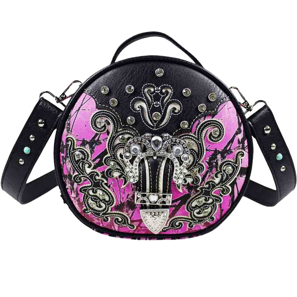 Crystal Buckle Camouflage Studded Round Crossbody Bag